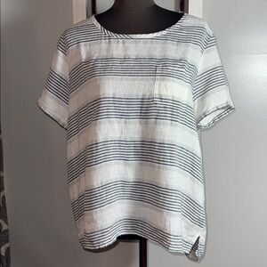 St. Tropez West 100% Linen Striped Short Sleeve Boxy Fit Blouse SZ Large